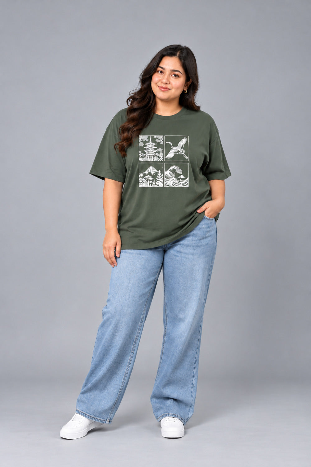 Cupid Woman Basic Printed Cotton Tees In Plus Sizes Sage