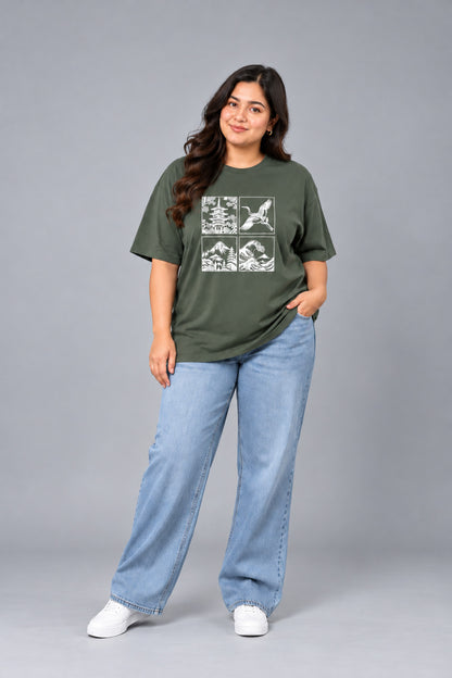 Cupid Woman Basic Printed Cotton Tees In Plus Sizes Sage
