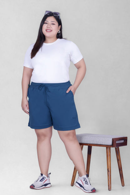 Women's High-Waisted Design Drawstring Waist Blended Regular Fit Shorts- Blue