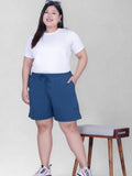 Women's High-Waisted Design Drawstring Waist Blended Regular Fit Shorts- Blue