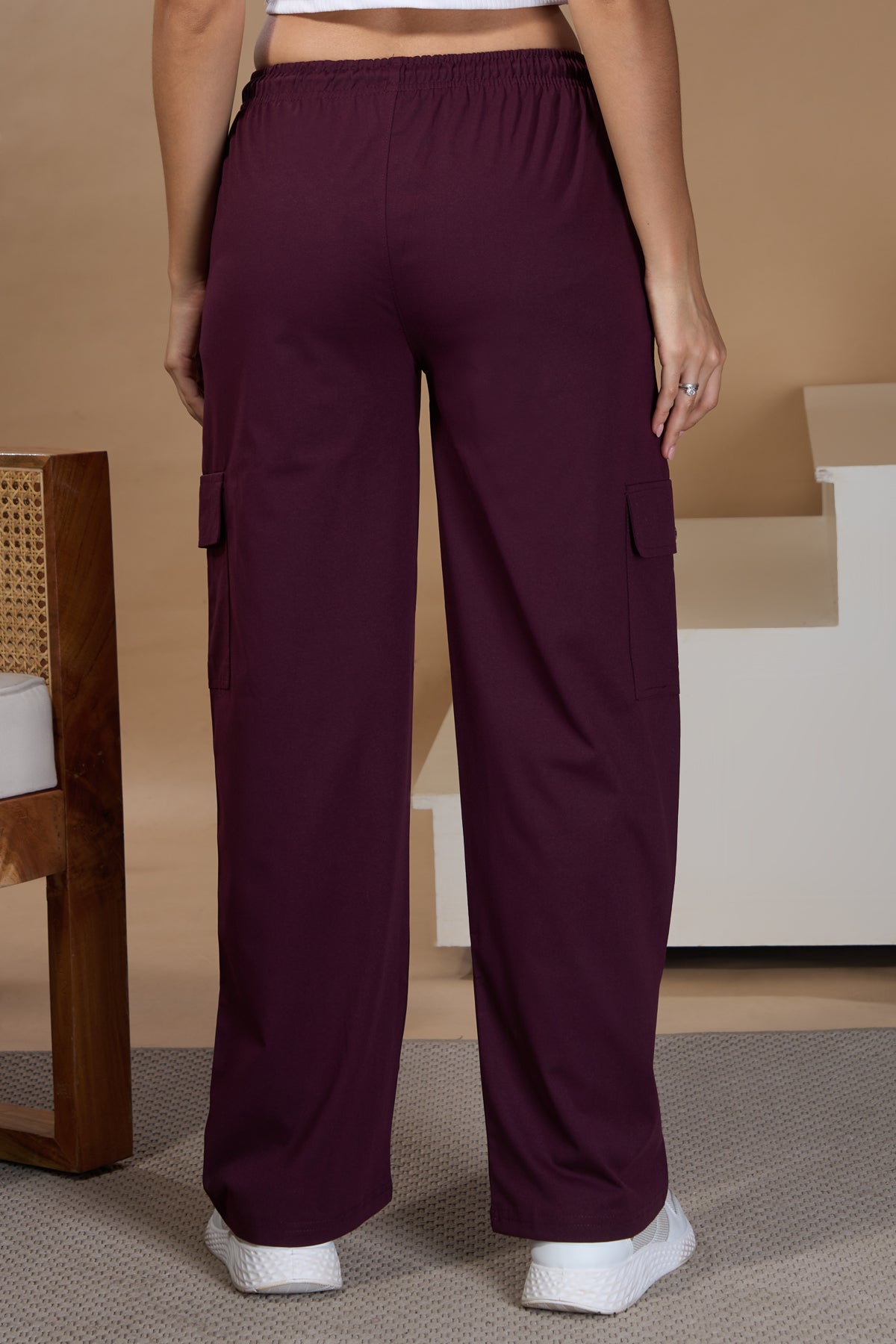 Women Smart Straight Fit Easy Wash Cargo Pants- Wine