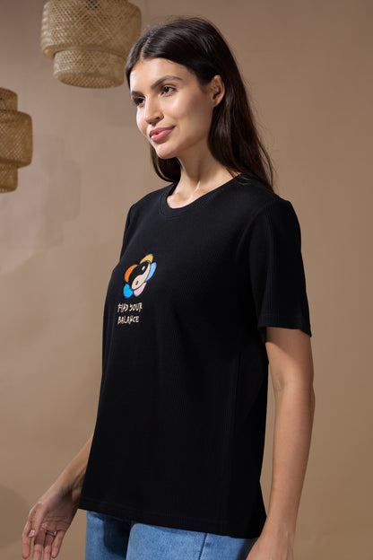Women Find Your Balance Textured Cotton Relaxed  Fit T-Shirt: Black