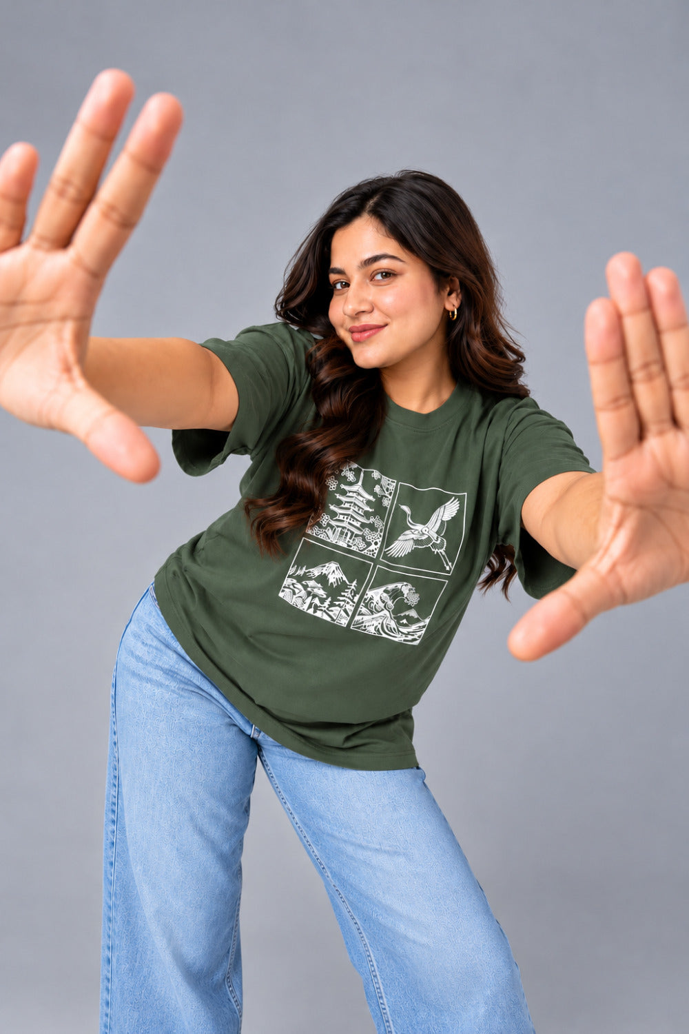 Cupid Woman Basic Printed Cotton Tees In Plus Sizes Sage