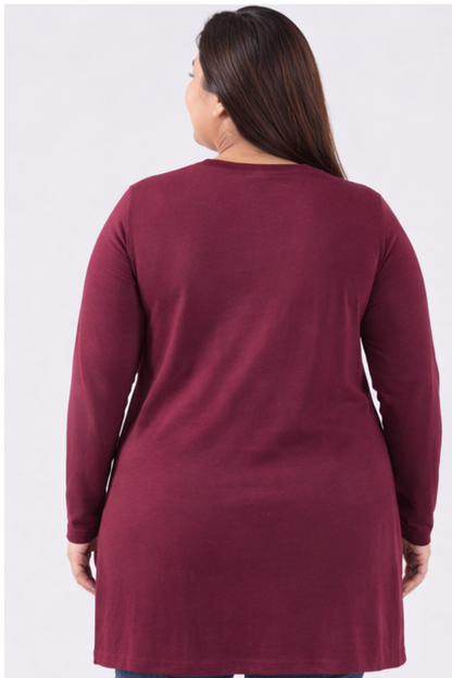 Plus Size Full Sleeves Long Top For Women - Wine
