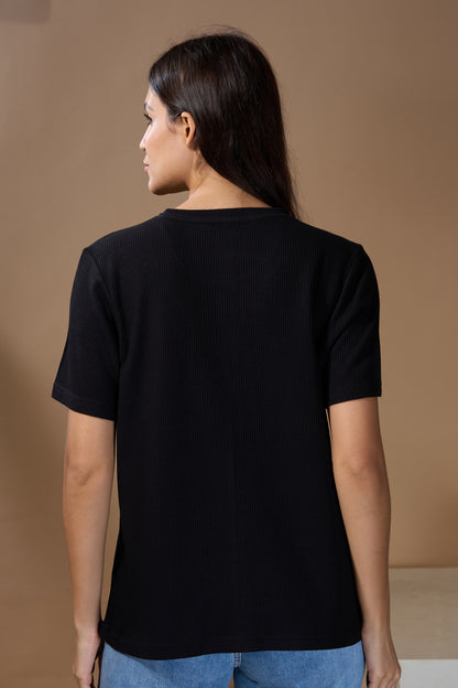 Women Find Your Balance Textured Cotton Relaxed  Fit T-Shirt: Black