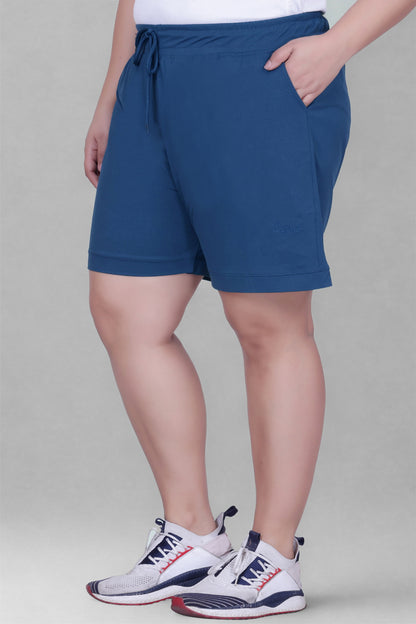 Women's High-Waisted Design Drawstring Waist Blended Regular Fit Shorts- Blue