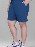 Women's High-Waisted Design Drawstring Waist Blended Regular Fit Shorts- Blue