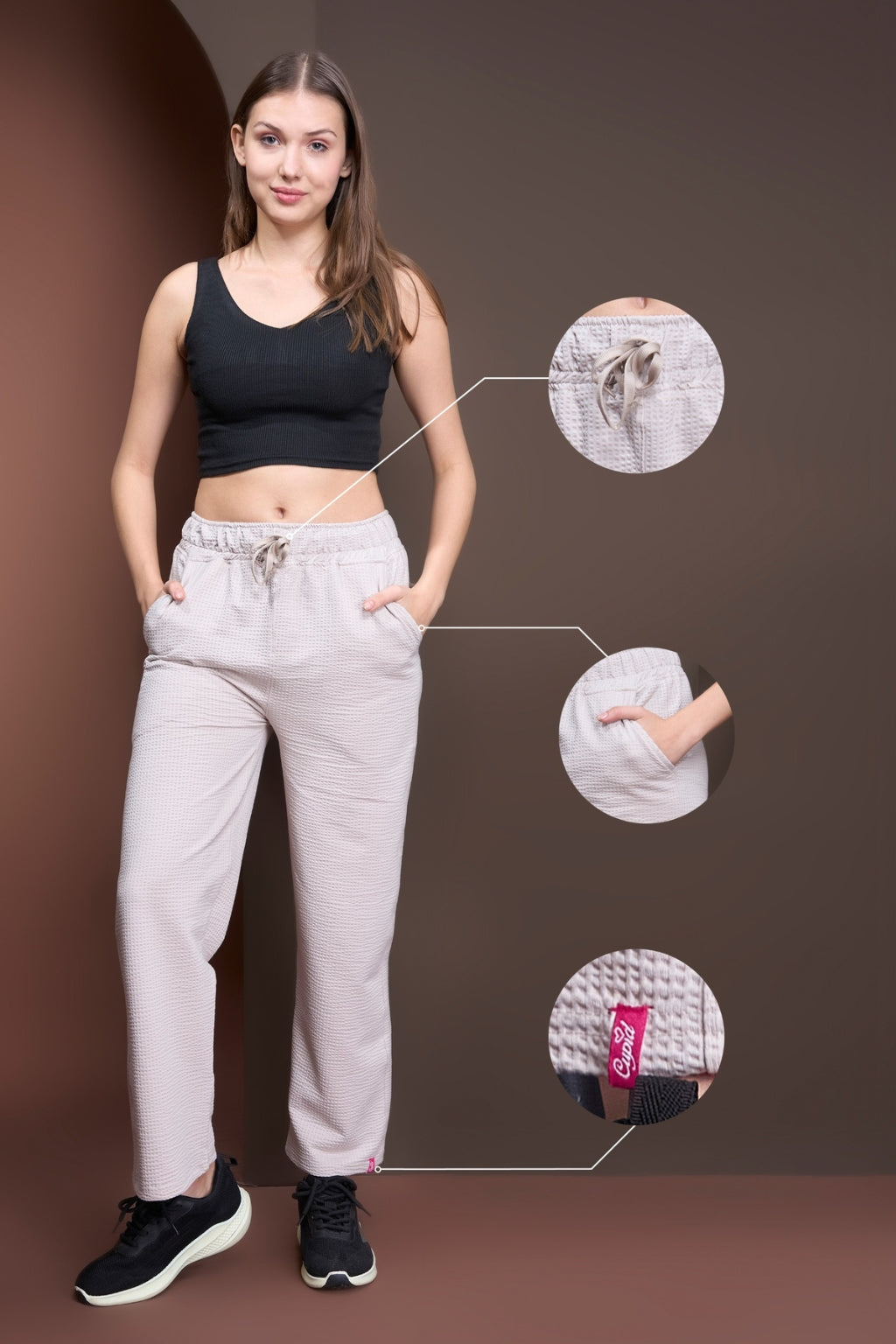 Women's High Rise Waffle Knit Track Pants-Ivory