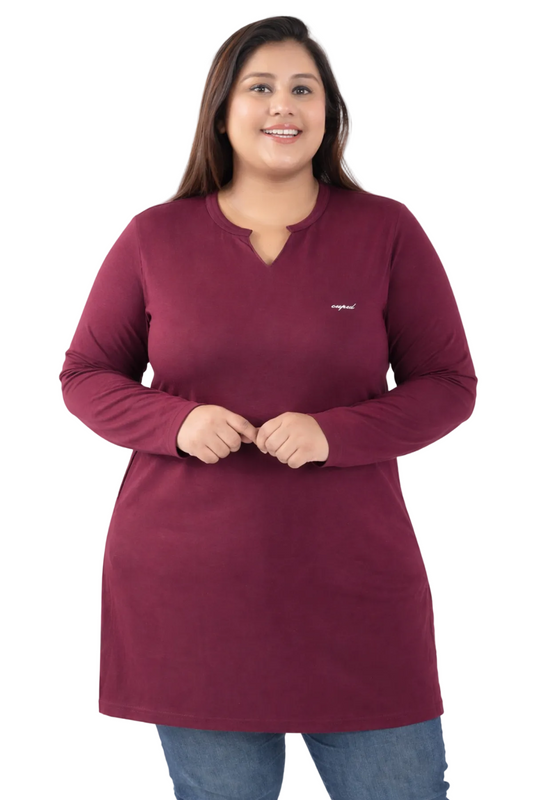 Plus Size Full Sleeves Long Top For Women - Wine