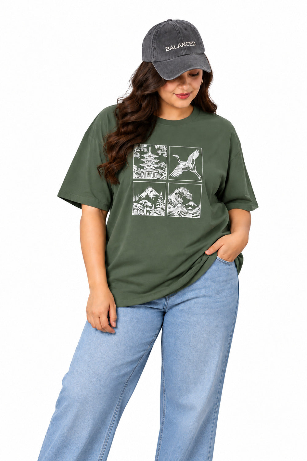 Cupid Woman Basic Printed Cotton Tees In Plus Sizes Sage