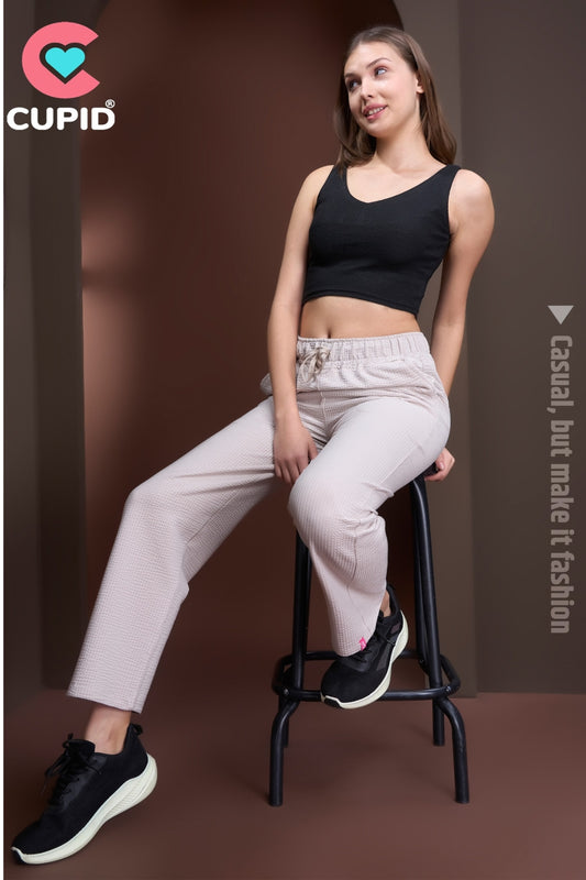 Women's High Rise Waffle Knit Track Pants-Ivory