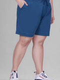 Women's High-Waisted Design Drawstring Waist Blended Regular Fit Shorts- Blue