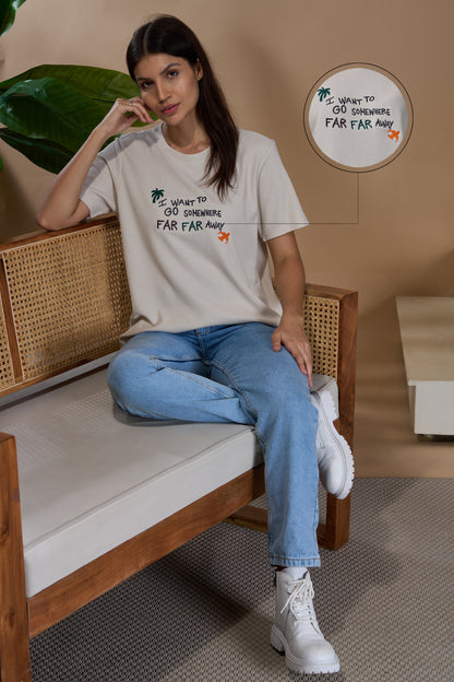 Women Textured Cotton Relaxed  Fit T-Shirt: Beige
