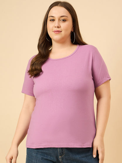 Plus Size Plain Cotton T-Shirt For Women - Mauve