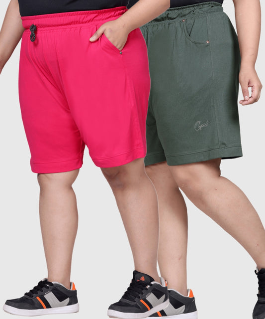 Plus Size Cotton Shorts For Women - Plain Bermuda Combo (Olive Green & Pink)