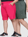 Plus Size Cotton Shorts For Women - Plain Bermuda Combo (Olive Green & Pink)