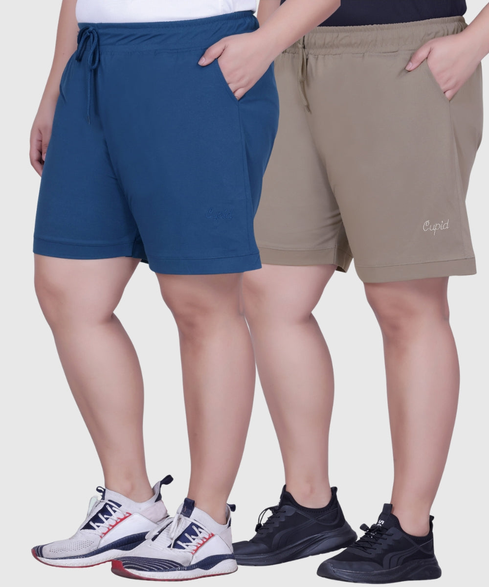 Plus Size Cotton Shorts For Women - Plain Bermuda Combo (Mocha/Blue)