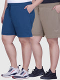 Plus Size Cotton Shorts For Women - Plain Bermuda Combo (Mocha/Blue)