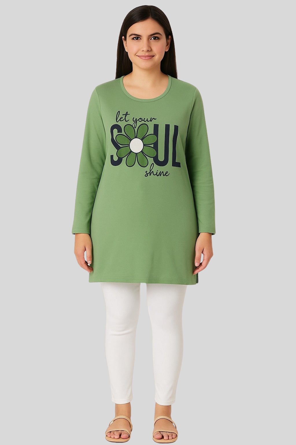 Cotton Long Top for Women - Full Sleeve - Green