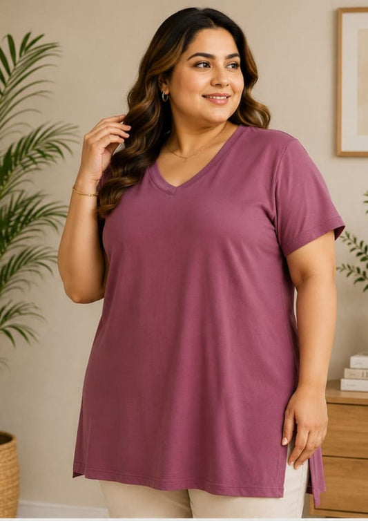 Woman Cotton Lycra V-Neck  Active Tees –Mauve