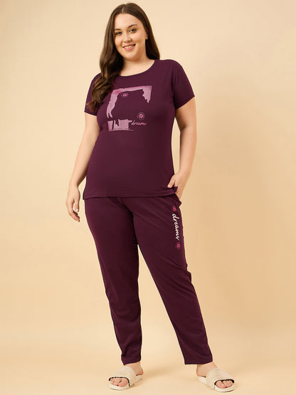 Cotton Nightsuit For Women - Pyjama Set -Wine