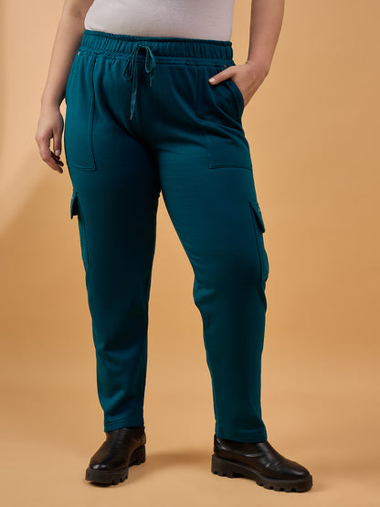 Plus Size Winters Cozy Fleece Cargo Pants For Women - Teal