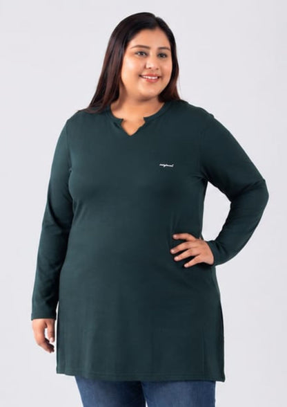 Plus Size Full Sleeves Long Top For Women - Bottle Green