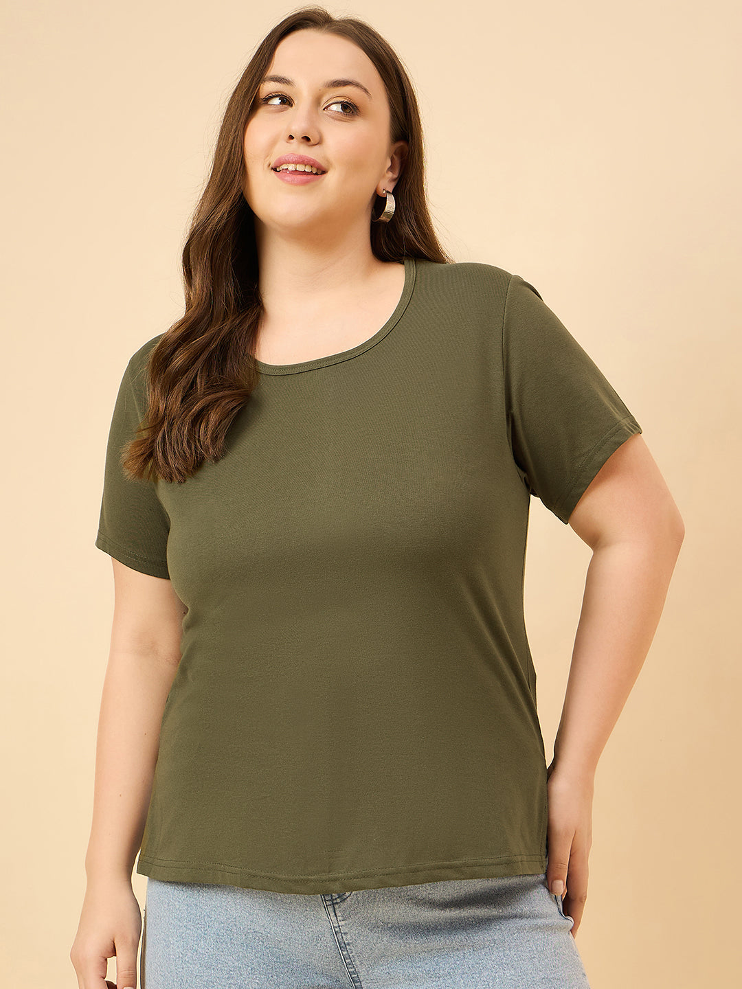 Plus Size Plain Cotton T-Shirt For Women - Olive Green