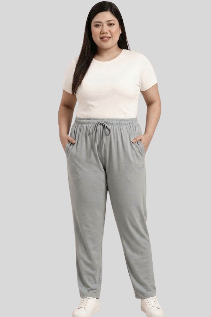 Pearl Grey Cotton Trackpants With One Side Zip Pocket