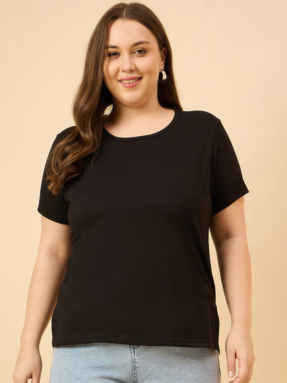 Plus Size Plain Cotton T-Shirt For Women - Black