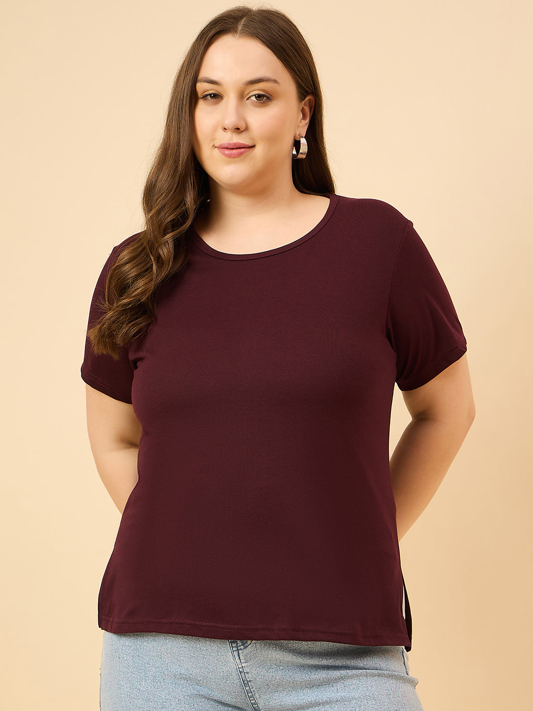 Plus Size Plain Cotton T-Shirt For Women - Wine