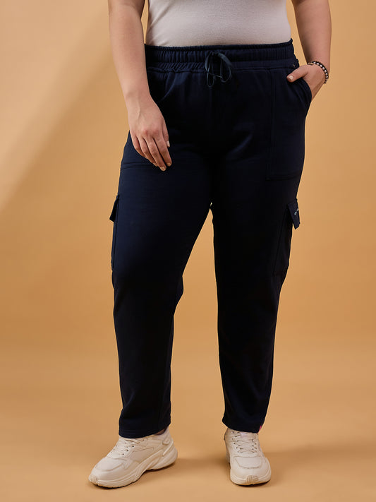 Plus Size Winters Cozy Fleece Cargo Pants For Women - Navy Blue