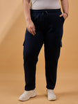 Plus Size Winters Cozy Fleece Cargo Pants For Women - Navy Blue