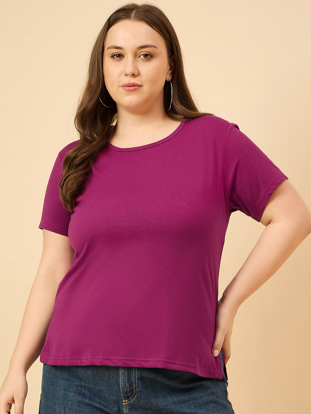 Plus Size Plain Cotton T-Shirt For Women - Purple