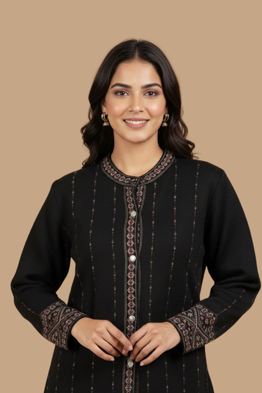 Jacquard Knit Warm Woollen Cardigan - Black