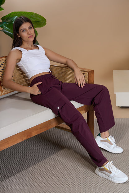 Women Smart Straight Fit Easy Wash Cargo Pants- Wine
