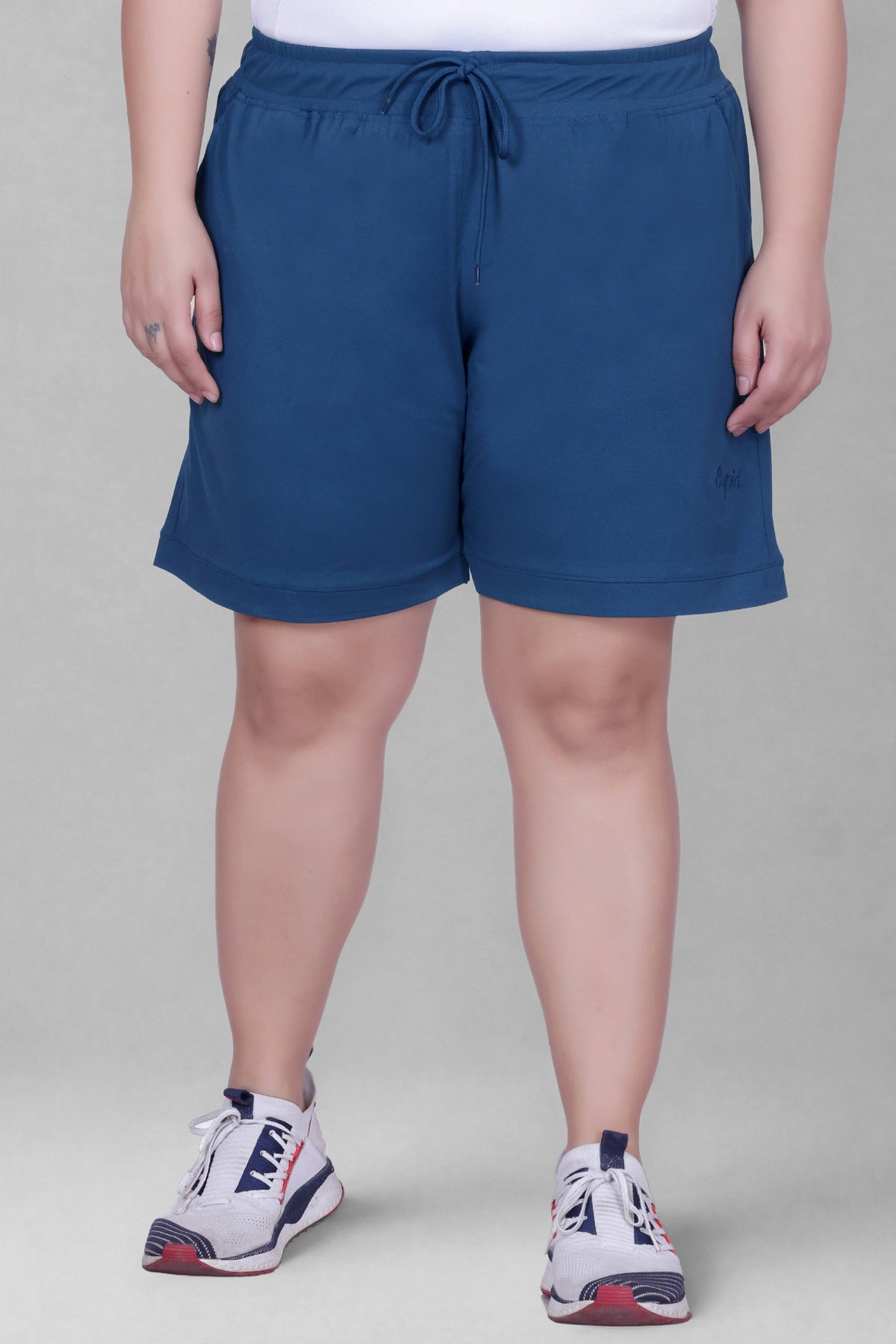 Women's High-Waisted Design Drawstring Waist Blended Regular Fit Shorts- Blue