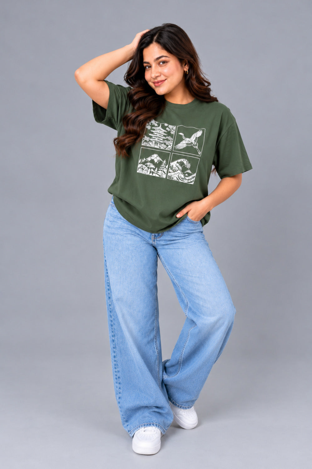 Cupid Woman Basic Printed Cotton Tees In Plus Sizes Sage