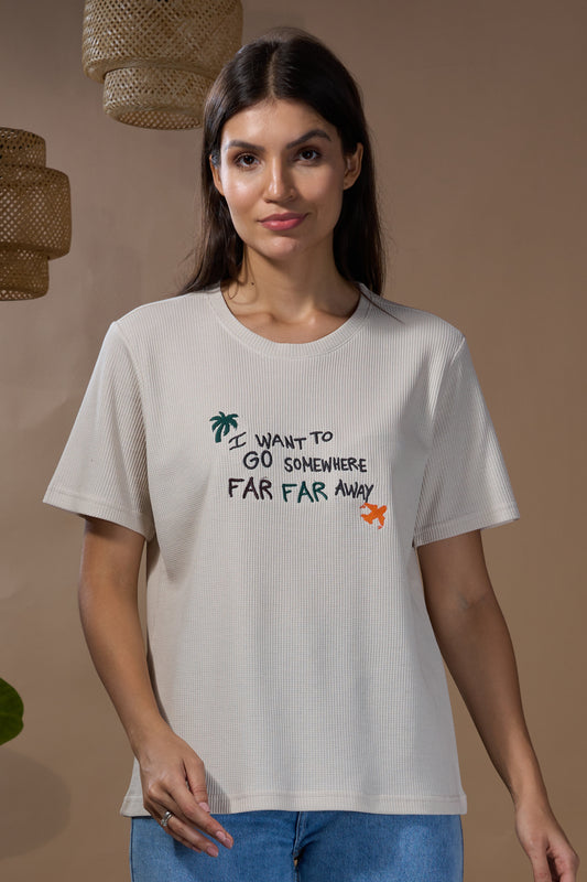 Women Textured Cotton Relaxed  Fit T-Shirt: Beige