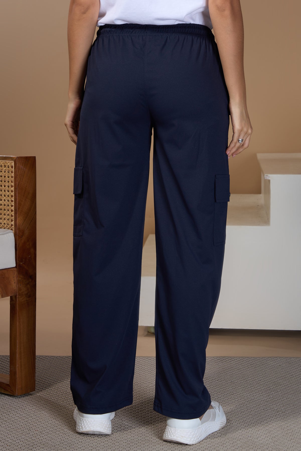 Women Smart Straight  Fit Easy Wash Cargo Pants- Navy