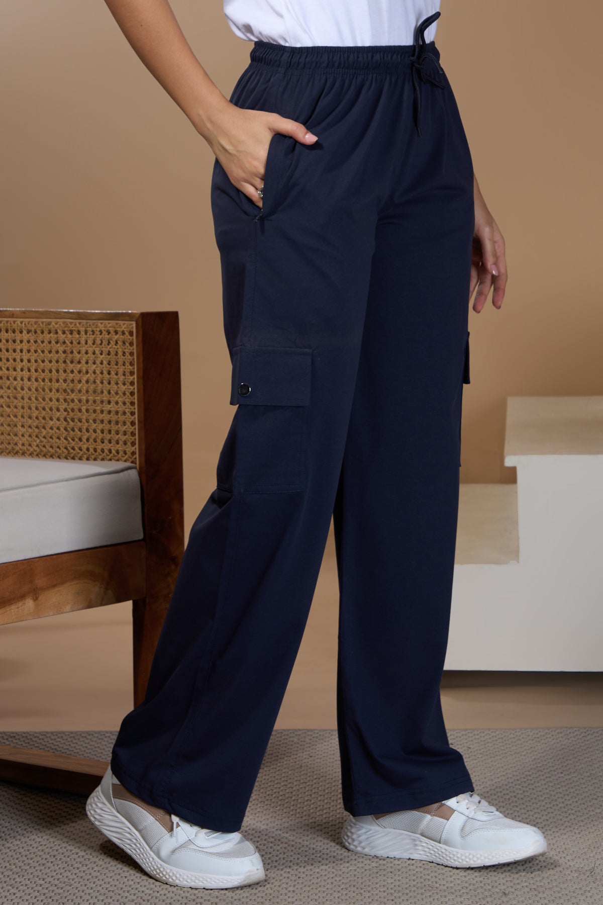 Women Smart Straight  Fit Easy Wash Cargo Pants- Navy