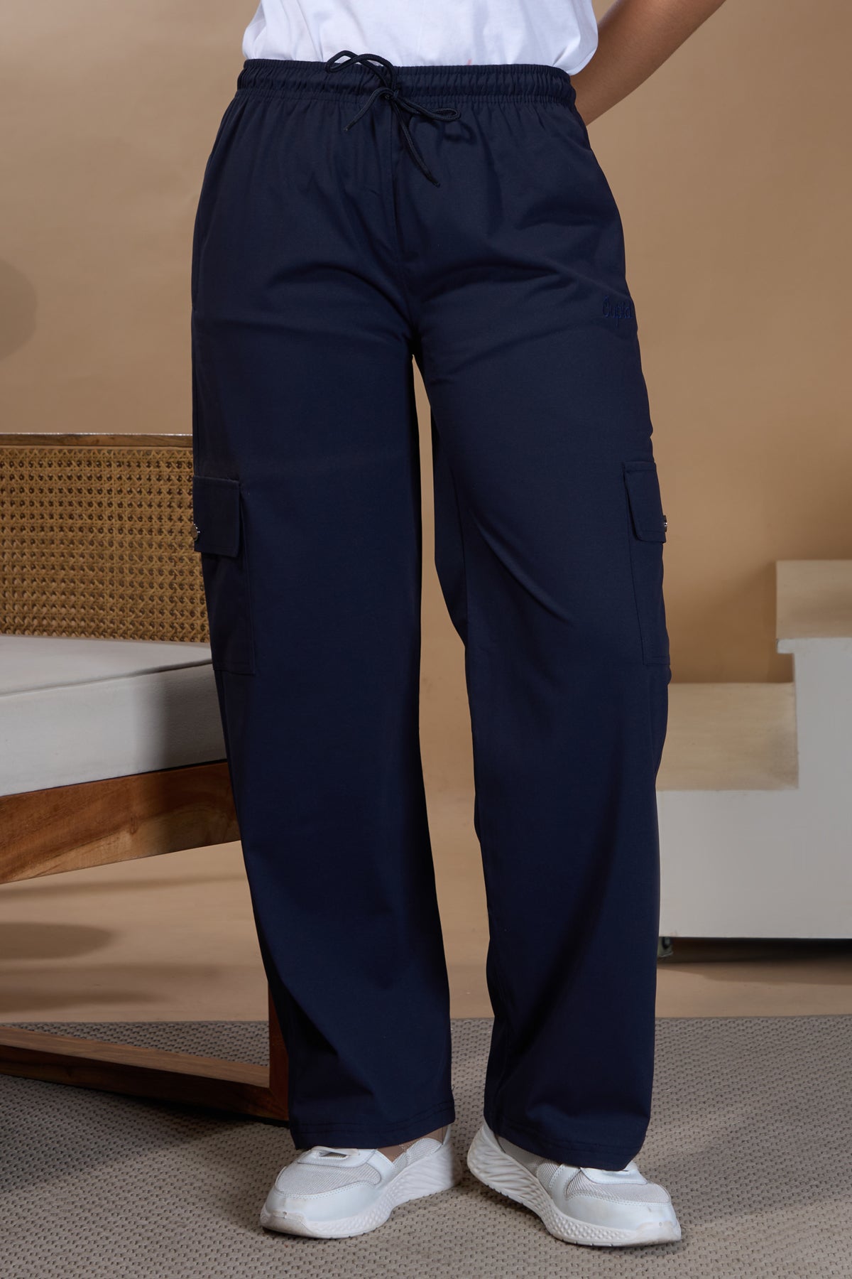 Women Smart Straight  Fit Easy Wash Cargo Pants- Navy