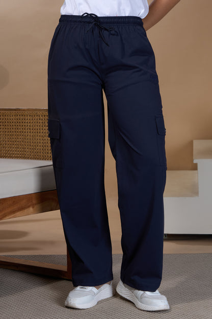 Women Smart Straight  Fit Easy Wash Cargo Pants- Navy
