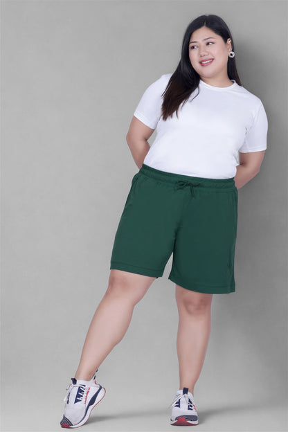 Women's High-Waisted Design Drawstring Waist Blended Regular Fit Shorts- Bottle Green