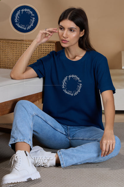 Woman One Ring Script Embroidered Cotton Relaxed  Fit T-Shirt: Ocean Blue