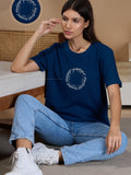 Woman One Ring Script Embroidered Cotton Relaxed  Fit T-Shirt: Ocean Blue