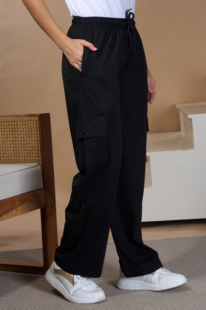 Women Smart Straight Fit Easy Wash Cotton Cargo Pants-Black