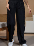 Women Smart Straight Fit Easy Wash Cotton Cargo Pants-Black