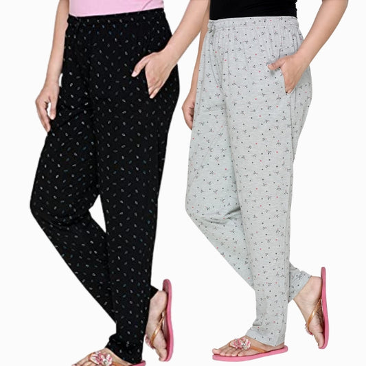 Cotton Printed Pajamas For Women Pack of 2 (Black & Grey)