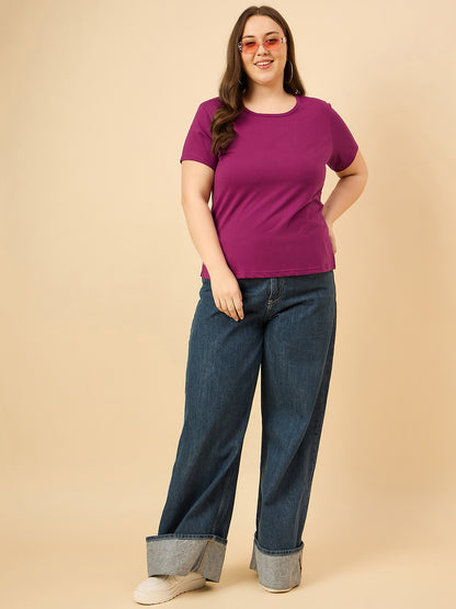 Plus Size Plain Cotton T-Shirt For Women - Purple